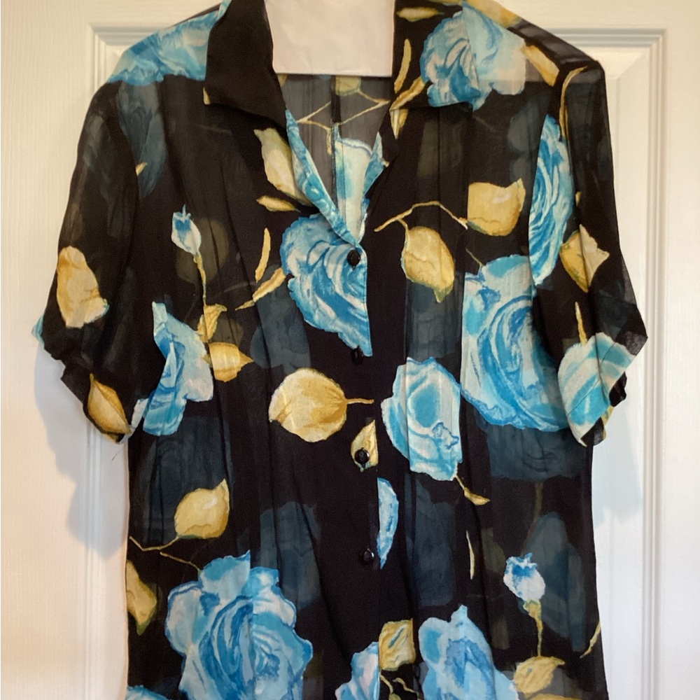 Black and Blue Floral Button Down blouse